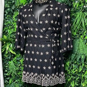 Venus‎ Romper Size 14 Black Embroidered Wrap Short Sleeve Collared 3424